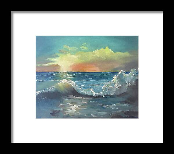 Original Oil Painting Framed Print featuring the painting Waves in sunrise by Maria Karlosak