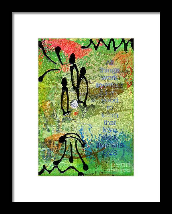Greeting Cards Framed Print featuring the mixed media We Believe Romans 8 28 by Angela L Walker