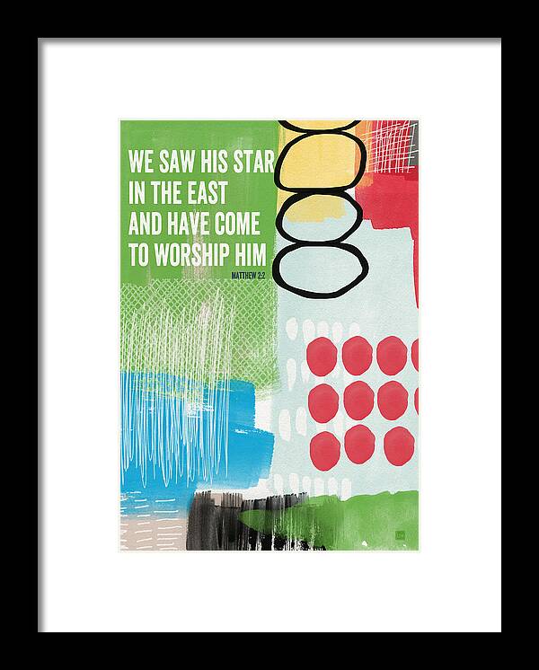 Matthew 2:2 Framed Print featuring the painting We Come To Worship- Contemporary Christmas Card by Linda Woods by Linda Woods