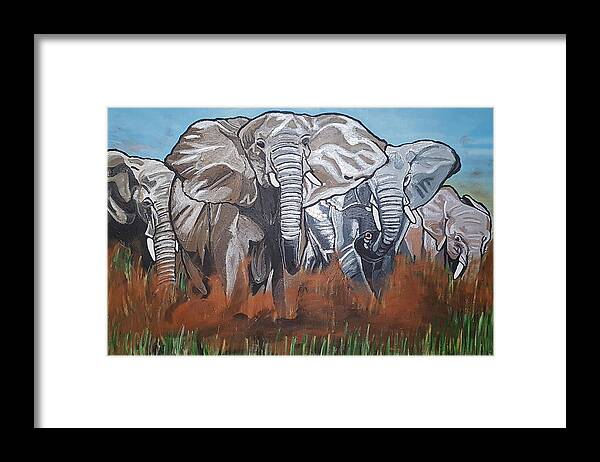 Elephants Framed Print featuring the painting We Ready For De Road by Rachel Natalie Rawlins