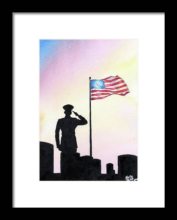 Memorial Day D D-day Normandy Battle Cemetery Graveyard Flag Flying Salute Tombstone Death Honor Commitment Sacrifice Ultimate Remember Remembrance We Watercolor Ink Signed Betsy Hackett Elizabeth 2018 Sunset Integrity Veteran Sacrificed Infamy Lives Usmc Marines Oohrah Marine America American Merica Flag Cemetary Murica Funeral Condolences Honors Military Somber Poignant Framed Print featuring the painting We Remember by Betsy Hackett