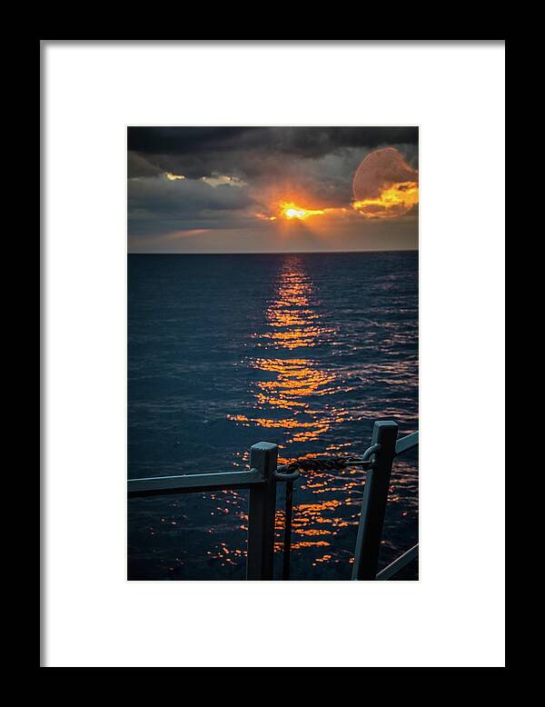 Navy Framed Print featuring the photograph Weather Deck Sunset by Larkin's Balcony Photography