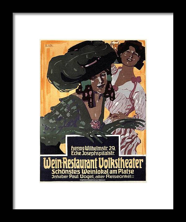 Wein Framed Print featuring the mixed media Wein-Restaurant Volkstheater - Vintage German Advertising Poster by Studio Grafiikka
