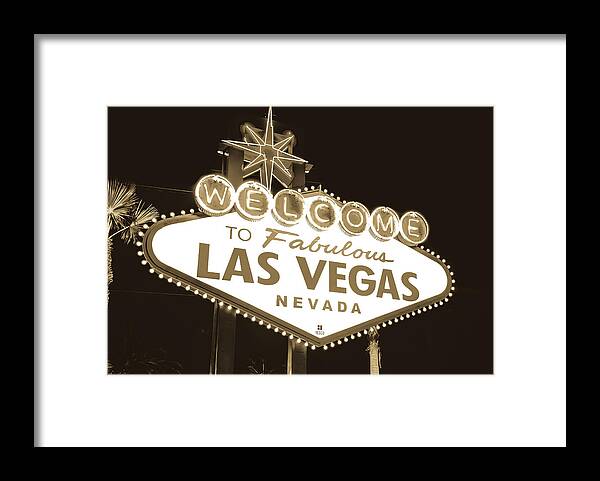 Las Vegas Sign Framed Print featuring the photograph Welcome to Las Vegas Neon Sign in Sepia - Nevada USA by Gregory Ballos