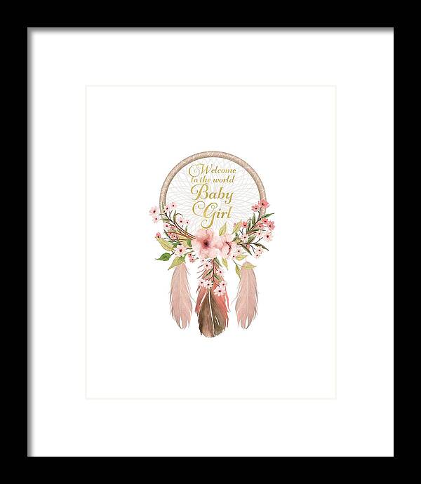 Dreamcatcher Framed Print featuring the digital art Welcome To The World Baby Girl Dreamcatcher by Pink Forest Cafe