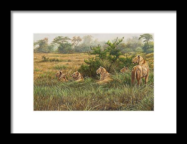 Lions Framed Print featuring the painting We're Watching You Too by Alan M Hunt