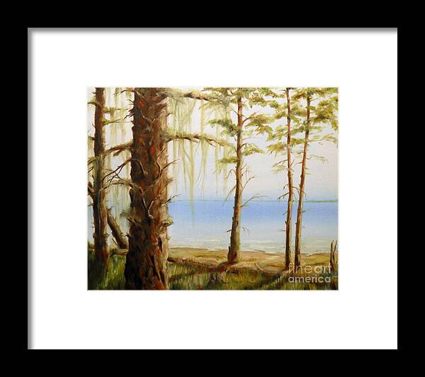 Ocean Water Sea Islands Trees Sky Mist Moss Beach Sand Waves Shadows Light Branches Log Stumps Grass Seascape Landscape Blue Green White Grey Brown Red Yellow Framed Print featuring the painting West Coast View by Ida Eriksen