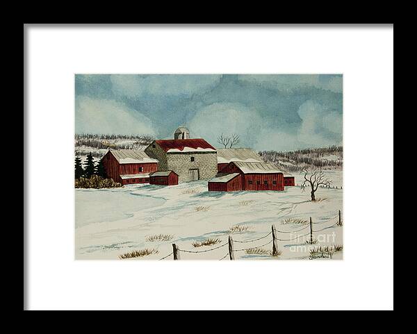 Winter Scene Paintings Framed Print featuring the painting West Winfield Farm by Charlotte Blanchard