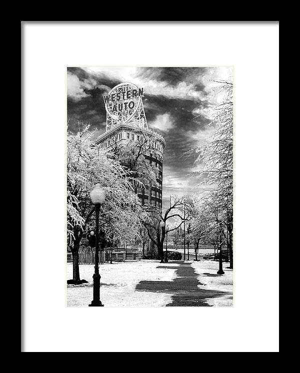 Western Auto Kansas City Framed Print featuring the photograph Western Auto In Winter by Steve Karol
