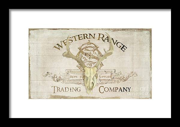 Western Framed Print featuring the painting Western Range 3 Old West Deer Skull Wooden Sign Trading Company by Audrey Jeanne Roberts