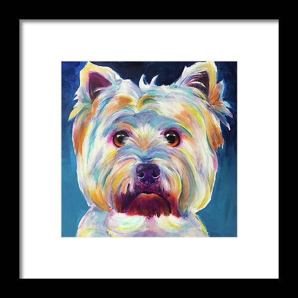 Pet Portrait Framed Print featuring the painting Westie - Chispy by Dawg Painter