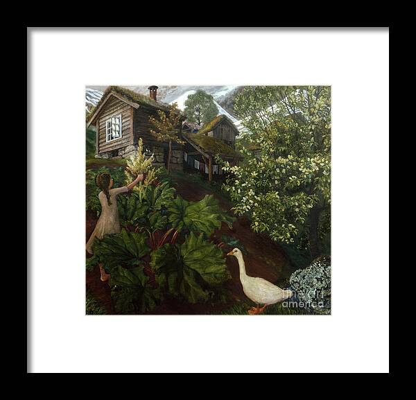 Landscape Framed Print featuring the painting Wet golden spring night with rhubarb and bird cherry by Nikolai Astrup