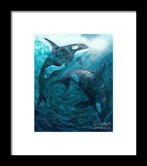 #whales #shamu #ocean #sea #water #environmentalart #sustainable Framed Print featuring the painting Whales Ascending Descending by Allison Constantino