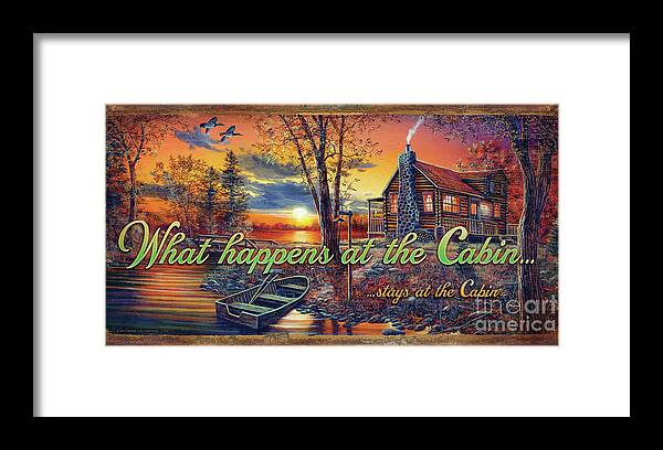 Jq Licensing Framed Print featuring the painting What Happens At The Cabin by Jim Hansel