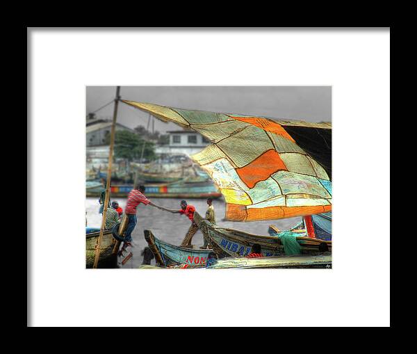 Ghana Framed Print featuring the photograph Whatever it Takes - Makeshift Sail at Tema Harbor by Wayne King