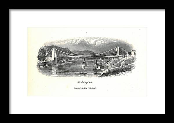 Wheeling Suspension Bridge Lithograph 1851. Lake Framed Print featuring the painting Wheeling Suspension Bridge Lithograph by MotionAge Designs