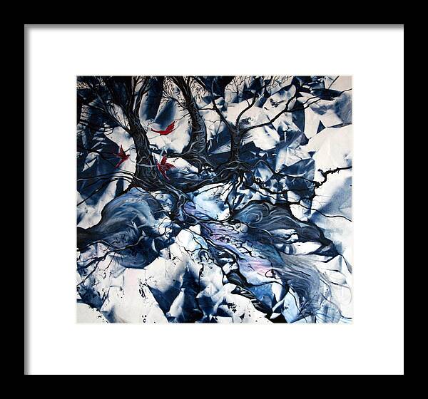 Red Birds Snow Scene Abstract Trees Framed Print featuring the painting When the Birds Return by Jan VonBokel