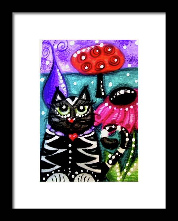 Kitty Framed Print featuring the painting Whimsical Black White Kitty Cat by Monica Resinger