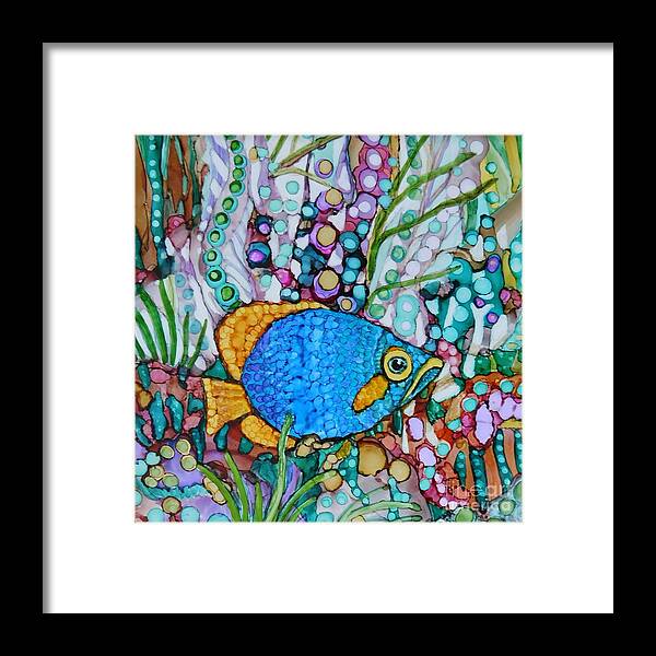 Imaginary Framed Print featuring the painting Whimsical Blue and Gold Fish by Joan Clear