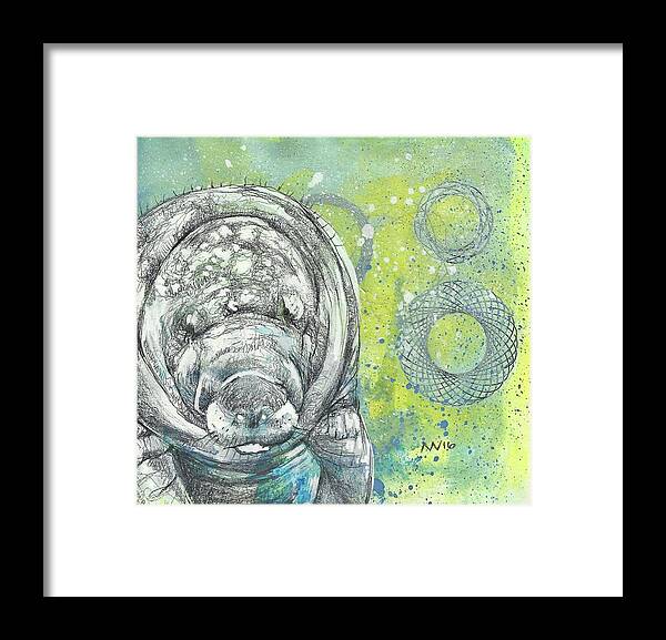 Manatee Framed Print featuring the mixed media Whimsical Manatee by AnneMarie Welsh