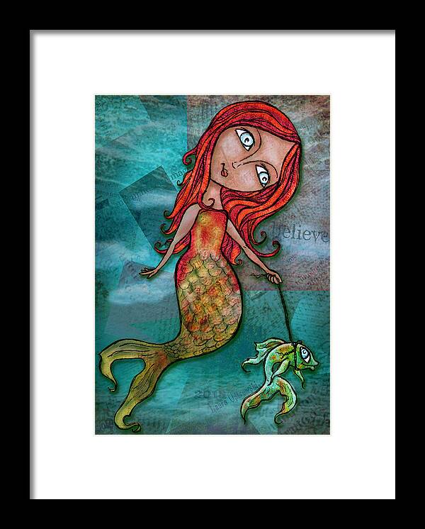 Mermaid Framed Print featuring the digital art Whimsical Mermaid Walking Fish by Laura Ostrowski