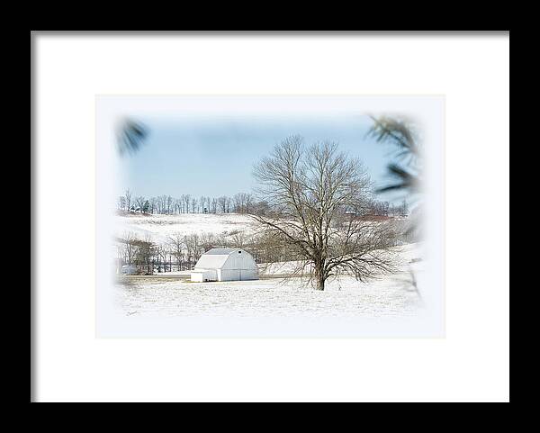 Snow Framed Print featuring the photograph White Barn In Snow by Randall Evans