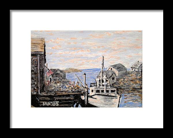 White Framed Print featuring the painting White Boat in Peggys Cove Nova Scotia by Ian MacDonald