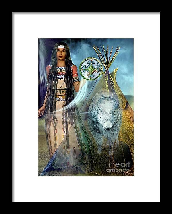 White Buffalo Calf Woman Framed Print featuring the digital art White Buffalo Calf Woman 2 by Shadowlea Is