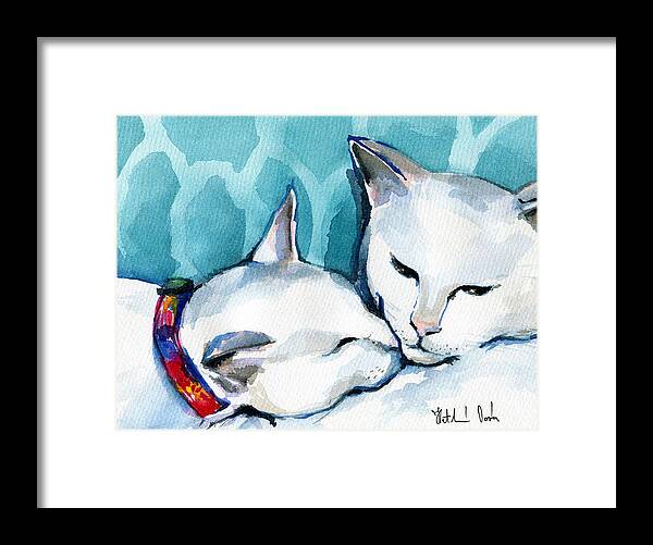 Cat Framed Print featuring the painting White Cat Affection by Dora Hathazi Mendes