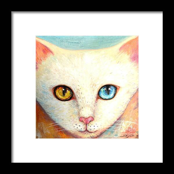 Portrait Framed Print featuring the painting White Cat by Shijun Munns