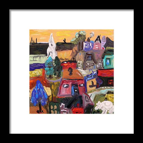 Original Framed Print featuring the painting White Horse in the Village Field by Mary Carol Williams