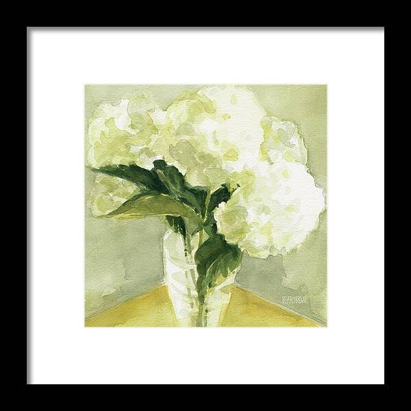Floral Framed Print featuring the painting White Hydrangeas Morning Light by Beverly Brown