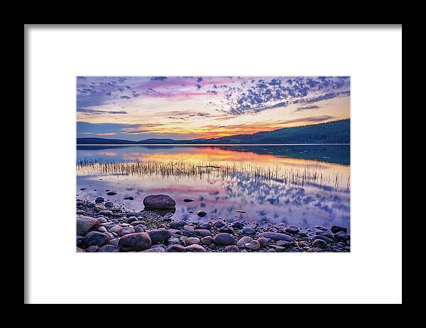 Europe Framed Print featuring the photograph White night sunset on a Swedish lake by Dmytro Korol