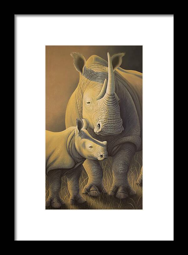White Rhino Framed Print featuring the painting White Rhino Fading into extinction by Tish Wynne