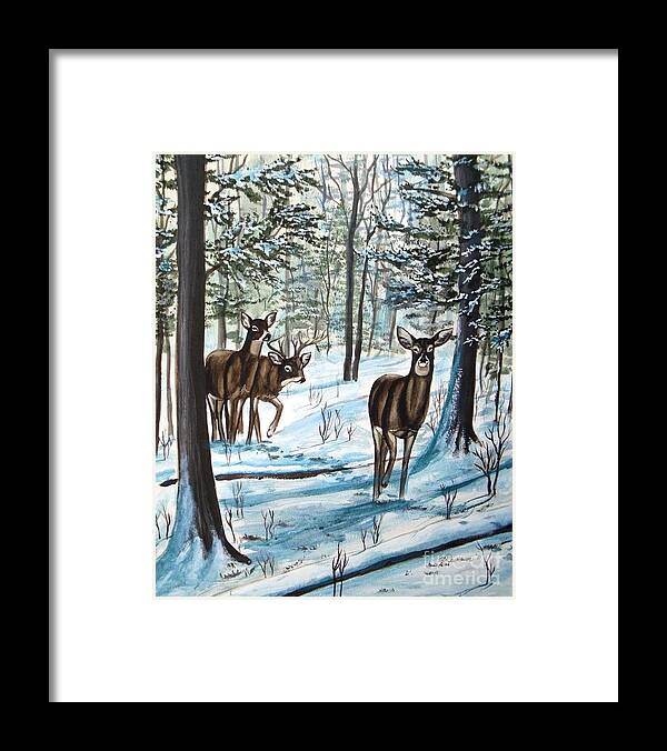Deer Framed Print featuring the painting White Tail Deer in Winter by Pat Davidson