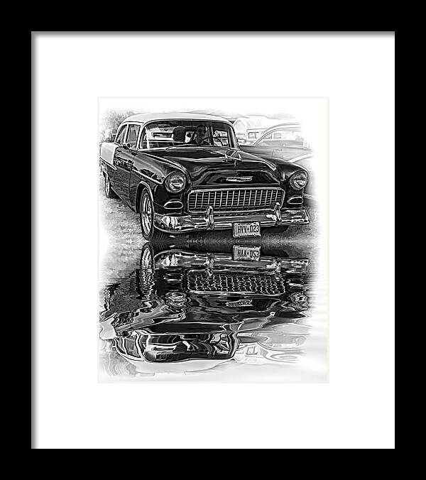 Automotive Framed Print featuring the photograph Wicked 1955 Chevy - Reflection bw by Steve Harrington