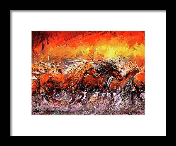 Horses Running Wild Framed Print featuring the painting Wild And Free - Horses Running In The Wild Art by Lourry Legarde