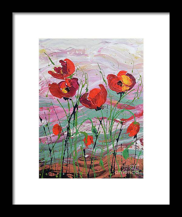 Wild Poppies - Triptych Framed Print featuring the painting Wild Poppies - 1 by Jyotika Shroff