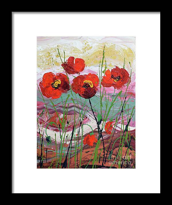 Wild Poppies - Triptych Framed Print featuring the painting Wild Poppies - 3 by Jyotika Shroff