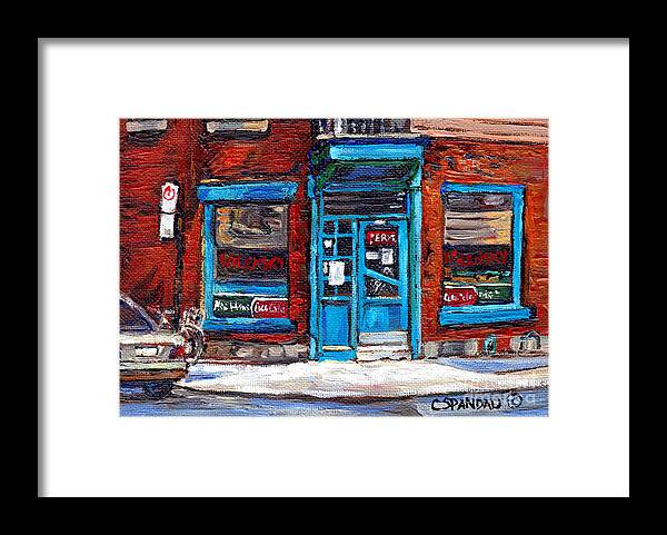 Montreal Framed Print featuring the painting Wilensky's Doorway With Bicycle Montreal Memories Best Original Canadian Paintings For Sale Cspandau by Carole Spandau