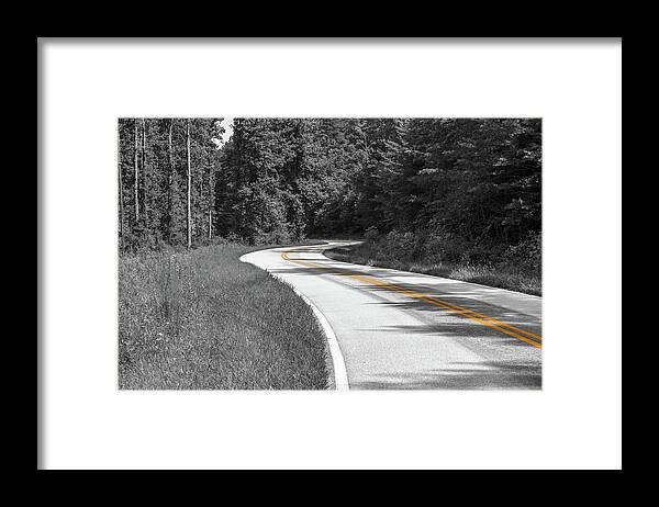 Country Road Framed Print featuring the photograph Winding Country Road in selective color by Doug Camara