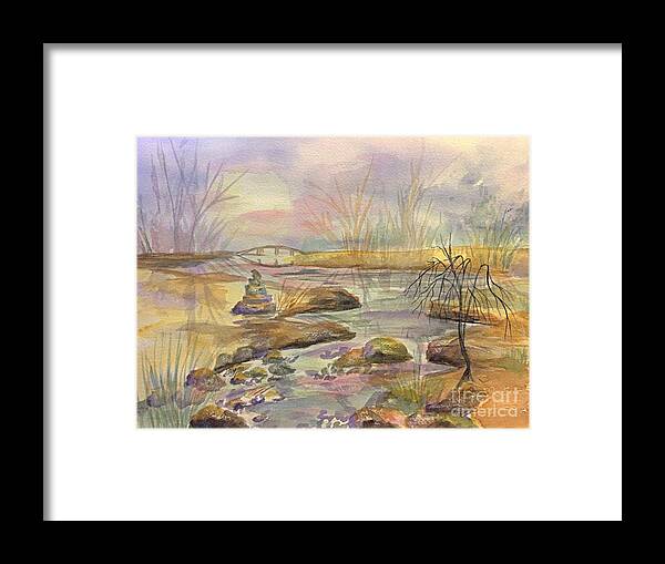 Landscape Painting Framed Print featuring the painting Bridge Over Quiet Waters by Ellen Levinson