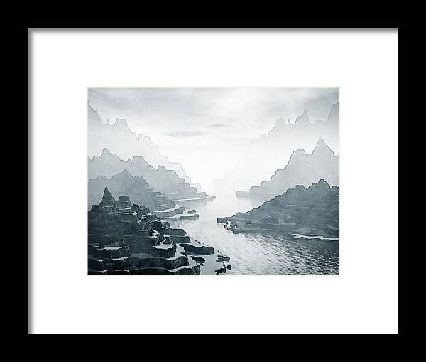 Mountains Framed Print featuring the digital art Winding Mountain River by Phil Perkins