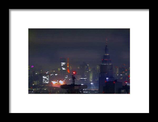 Abstract Framed Print featuring the mixed media Windy Night City Lights Abstract by Shelli Fitzpatrick