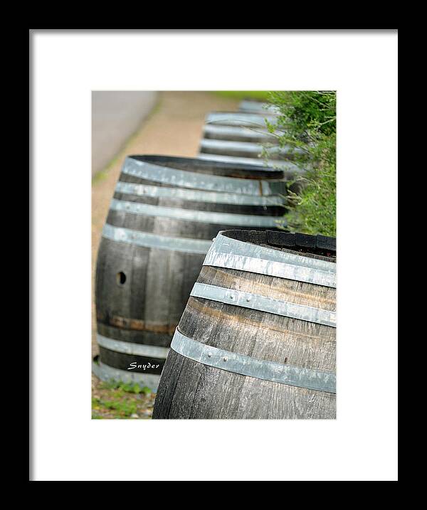 Wine Barrels Framed Print featuring the photograph Wine Barrels Foxen Winery by Barbara Snyder
