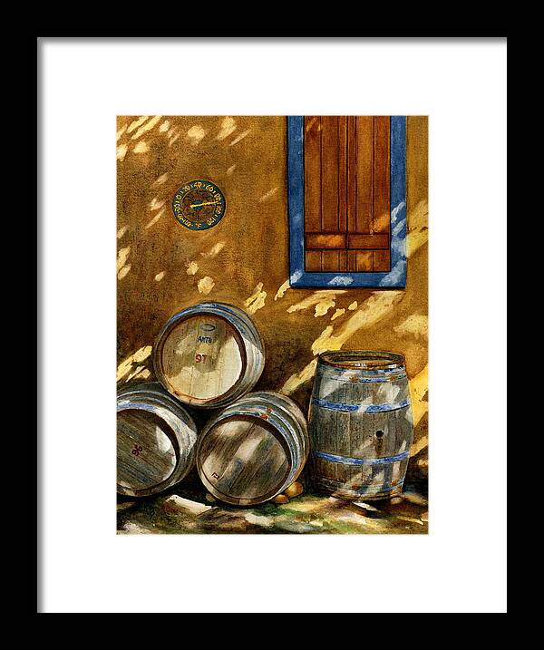 Wine Framed Print featuring the painting Wine Barrels by Karen Fleschler
