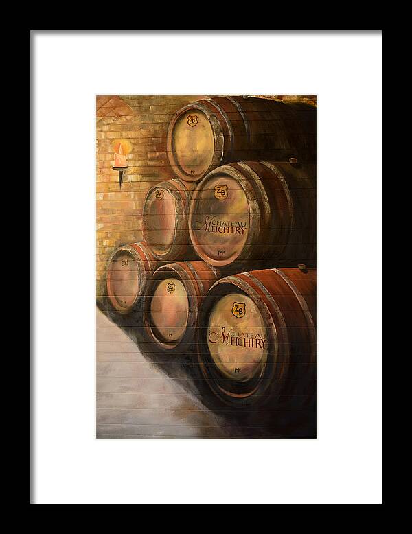 Hungarian Wine Barrels Framed Print featuring the painting Wine in the Barrels - Chateau Meichtry by Jan Dappen