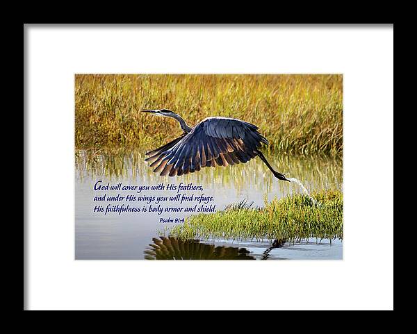 Inspirational Framed Print featuring the photograph Wings of Refuge with Scripture by Brian Tada