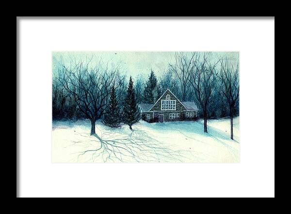 Cabin Framed Print featuring the painting Winter Blues - Stone Chalet Cabin by Janine Riley