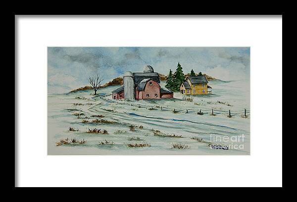 Winter Scene Paintings Framed Print featuring the painting Winter Down On The Farm by Charlotte Blanchard